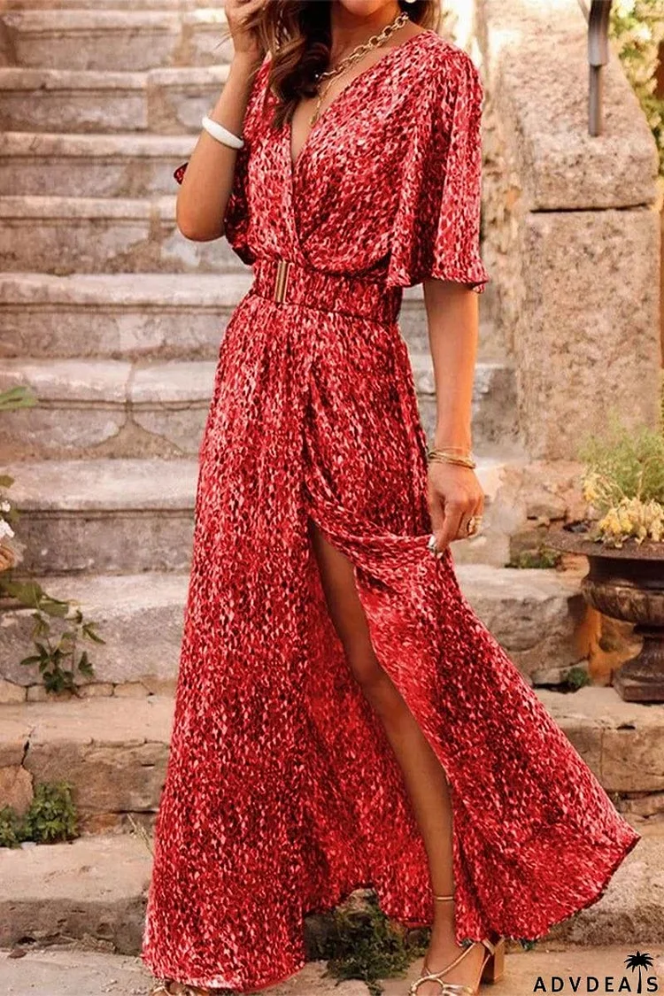 Bohemian College Floral Patchwork With Belt V Neck Waist Skirt Dresses