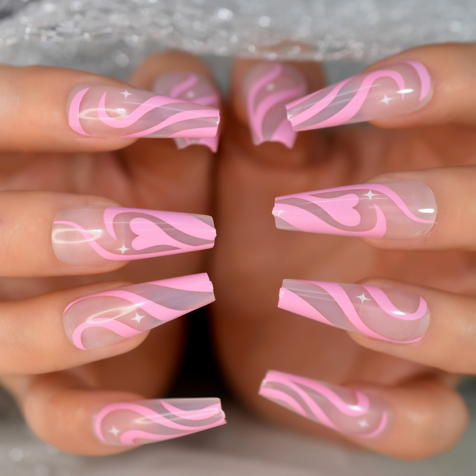 Collectvip Simple Summer Nails – Medium Square Glitter Press On Fake Nails with Pink Line Design  