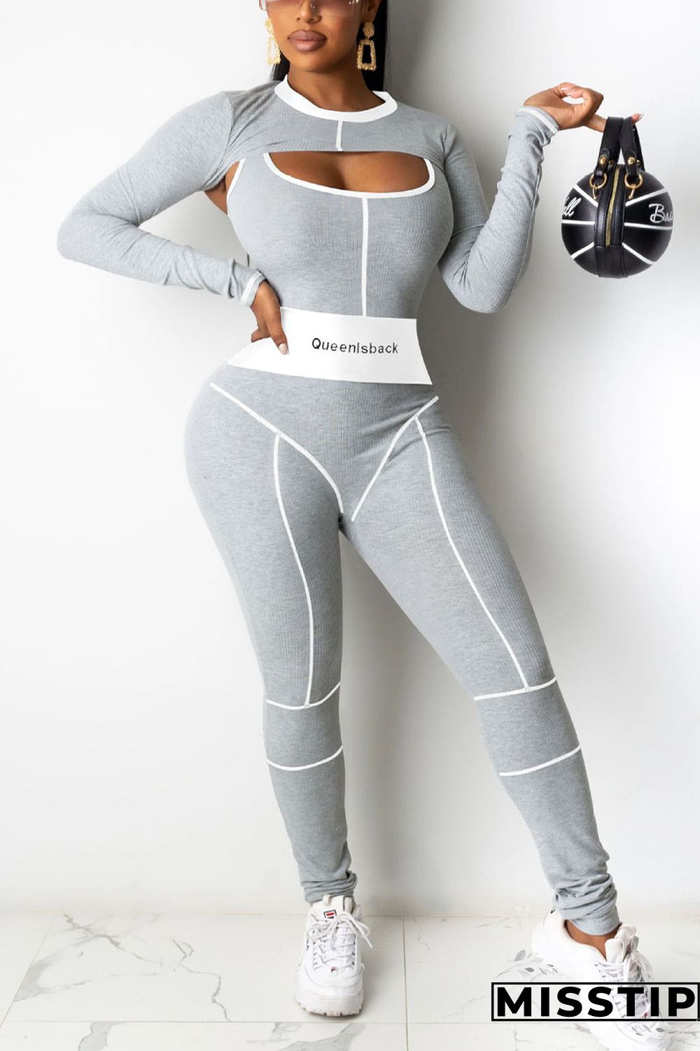 Grey Casual Striped Embroidered Patchwork O Neck Long Sleeve Two Pieces