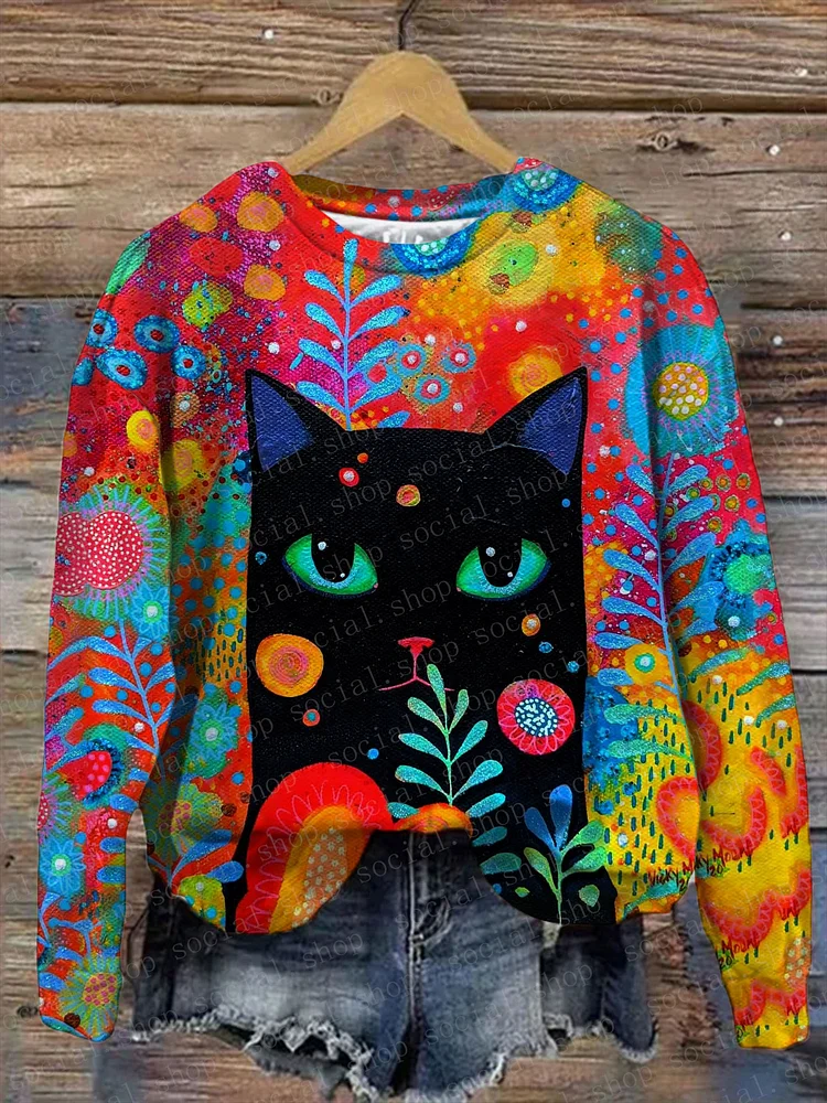 Women's Art Cat Floral Crew Neck Sweatshirt socialshop