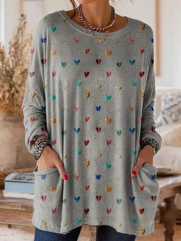 Women's Casual Retro Heart Long-Sleeve T-Shirt  socialshop