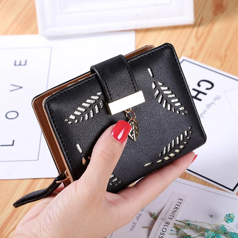 2020 New Women Short Wallet Zipper Buckle Hollow Leaves Small Wallet PU Leather Wallet Card Holder Female Coin Coin Purse