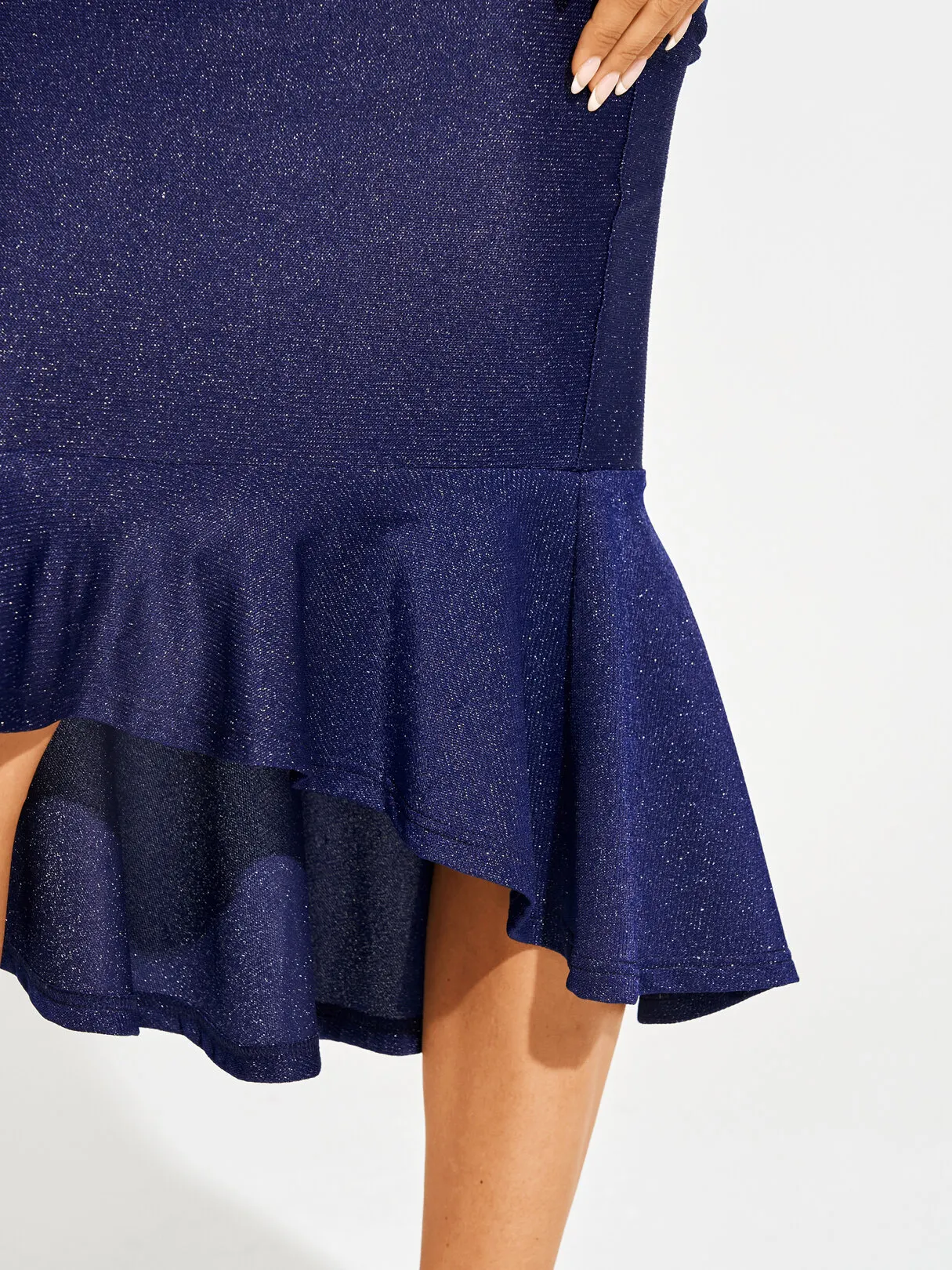 Off Shoulder Glitter Detail Ruffle Hem Bodycon Maxi Dress