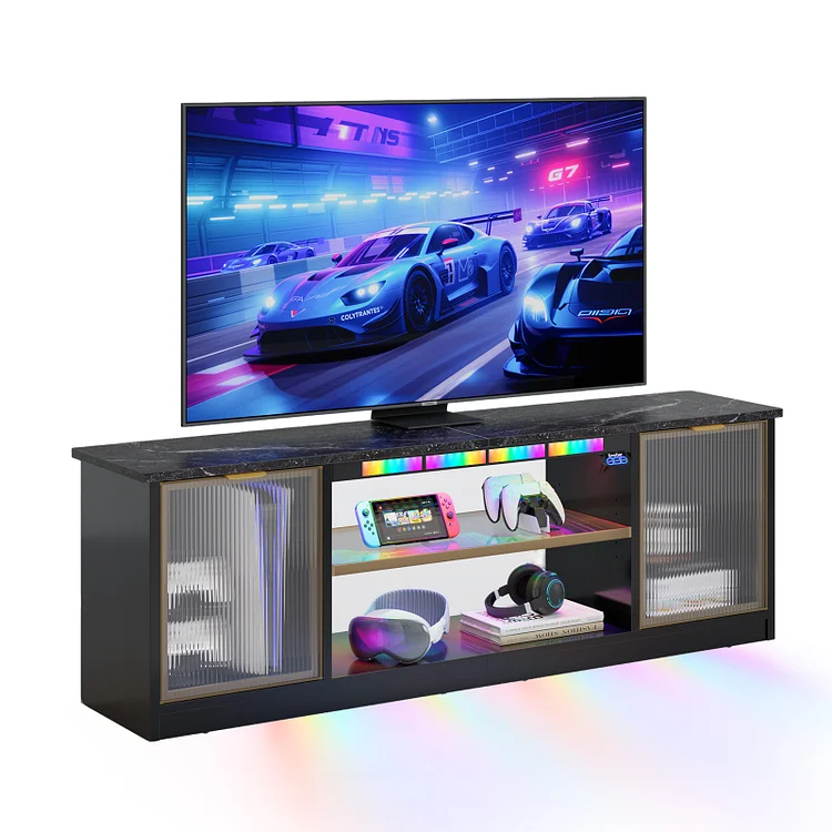Bestier Gaming Entertainment Center for TVs PS5/Xbox with Music Sync LED Lights, LED TV Stand for up to 65" with Storage Cabinets & Adjustable Shelf