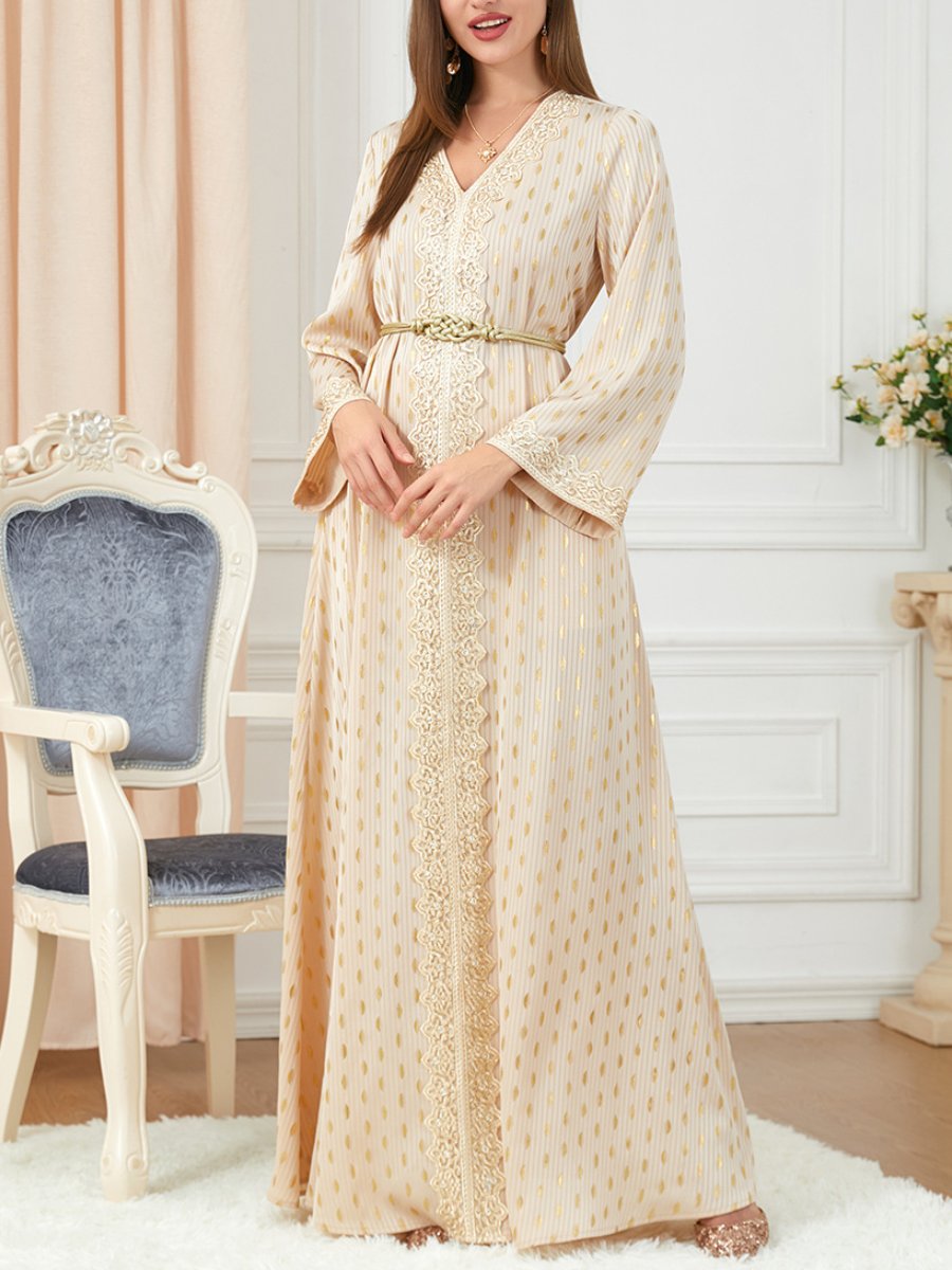 Golden Printed V Neck Belt Design Long Sleeve Dress | Oxredo Shop Ramadan Sale