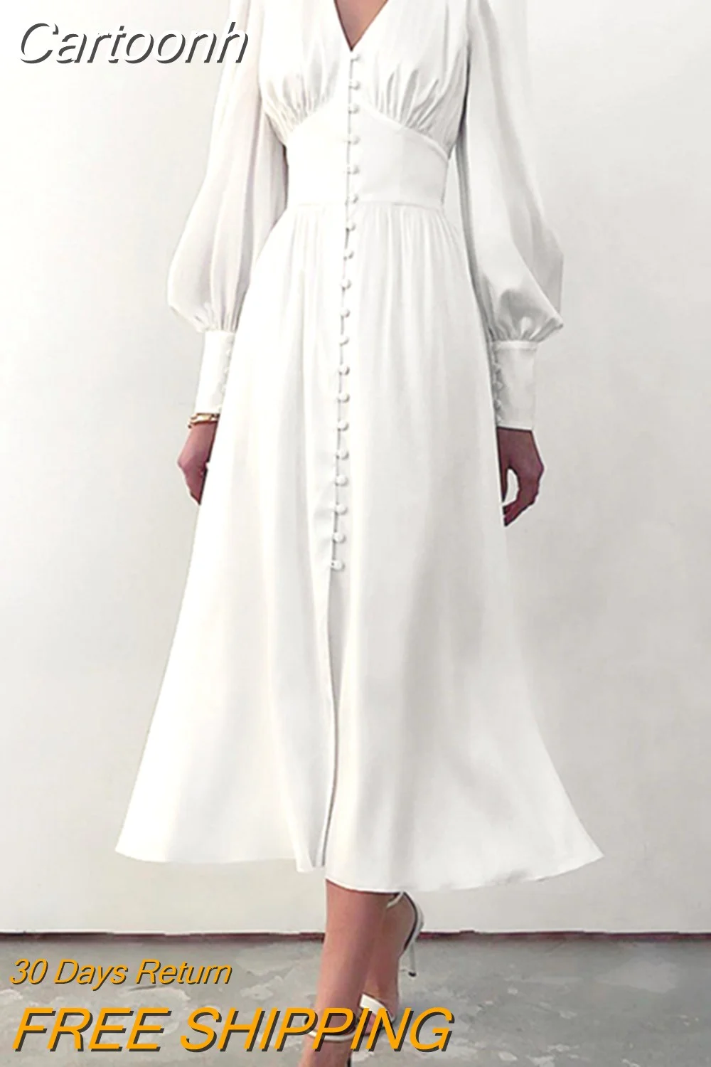 Cartoonh Women Dresses Long Stain Elegant Single Breasted Lantern Sleeve High Waist A-Line White Midi Dresses for Women 2023 New