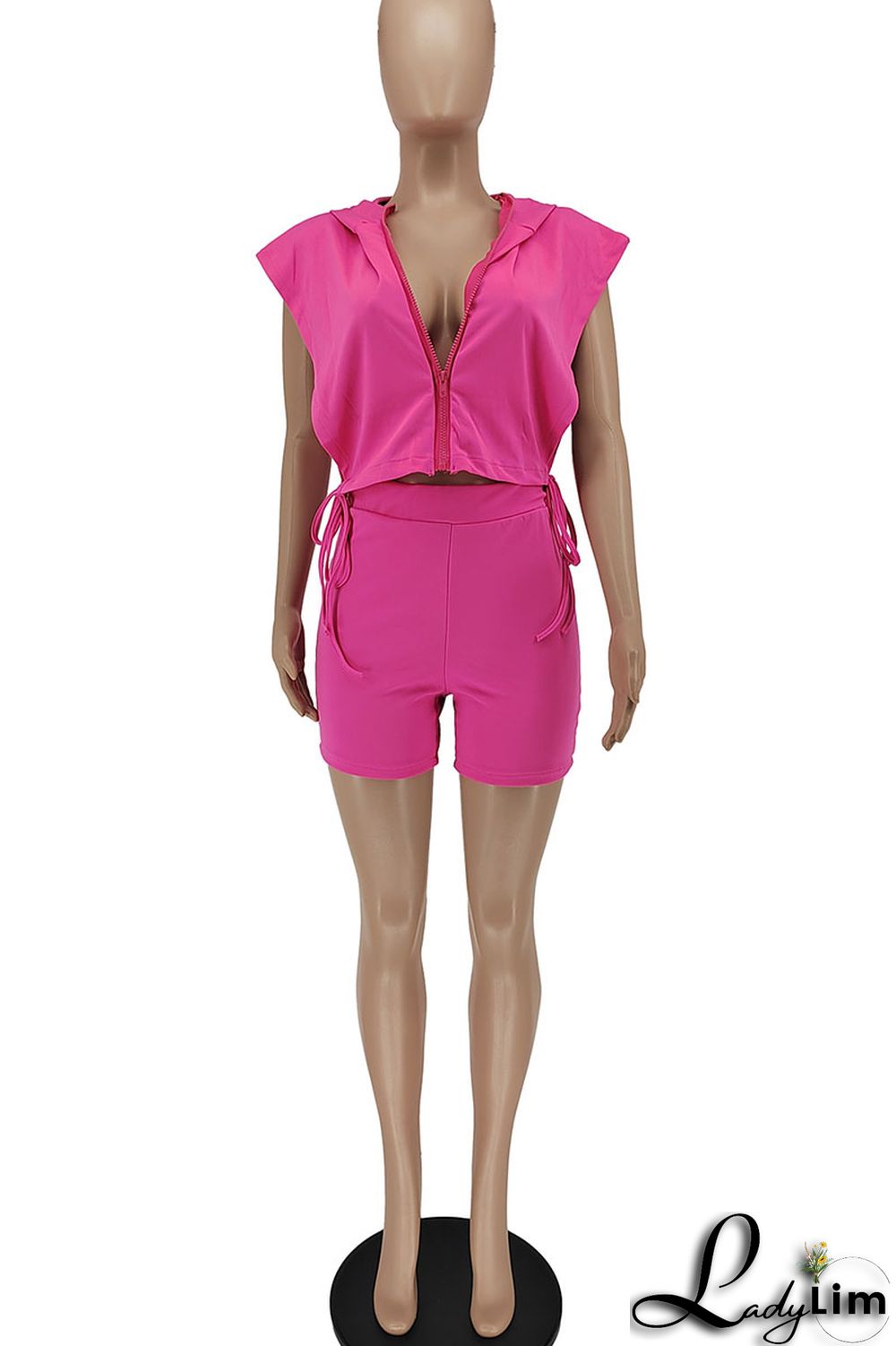 Rose Red Sexy Solid Split Joint Zipper Hooded Collar Sleeveless Two Pieces