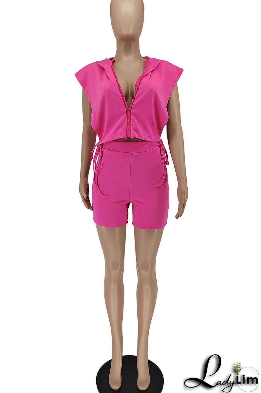 Rose Red Sexy Solid Split Joint Zipper Hooded Collar Sleeveless Two Pieces