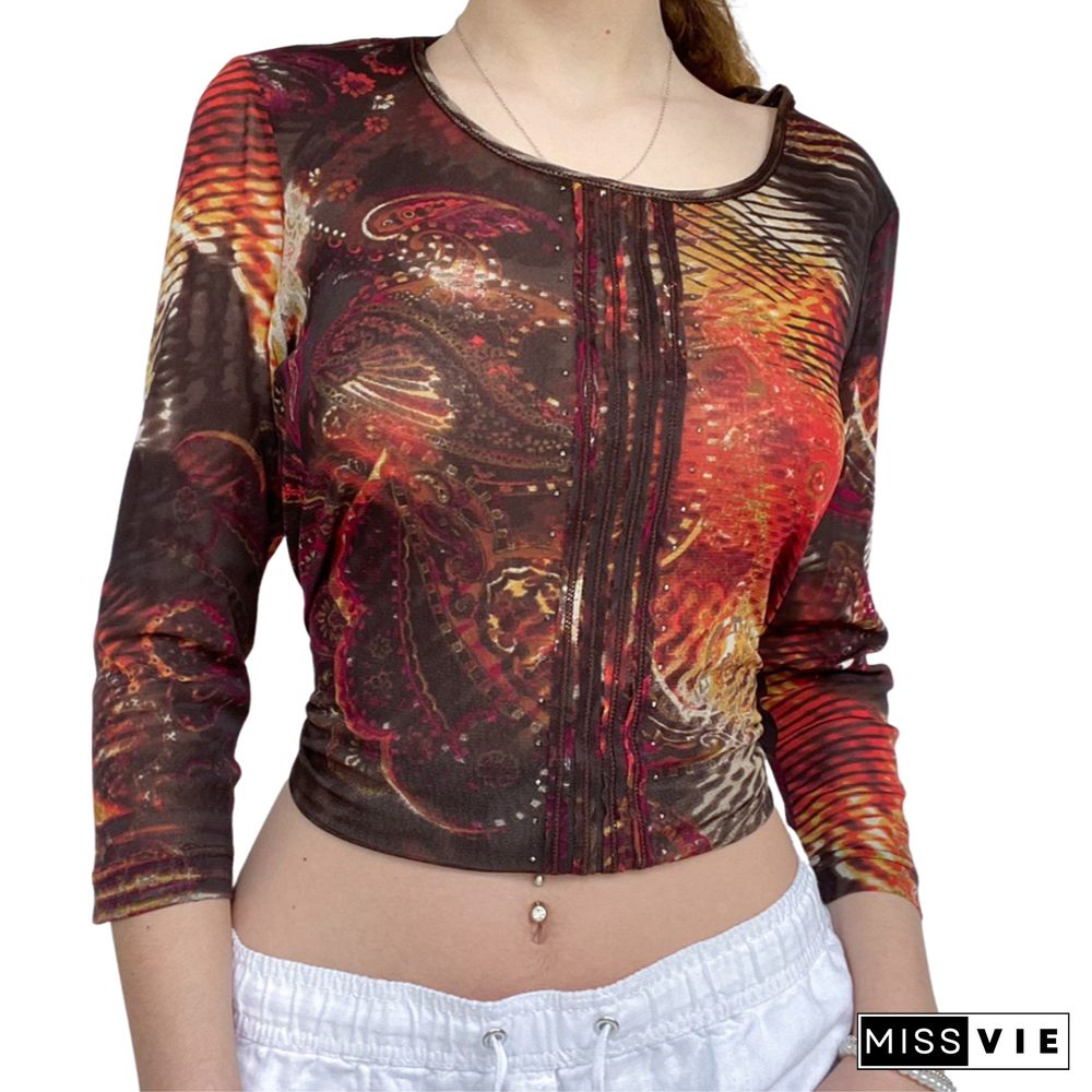 Y2K Autumn Womens Vintage Slim Round-neck Stitch Cropped Tops Ladies Retro Printed Long