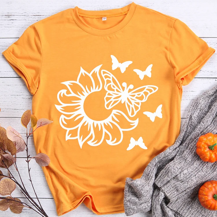 Flying Butterflies And Sunflowers Round Neck T-shirt