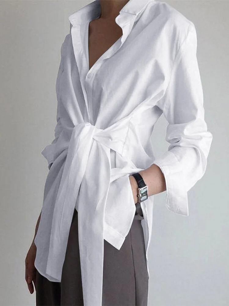 Solid Color Wrap Lapel Long Sleeve Shirt for Women socialshop