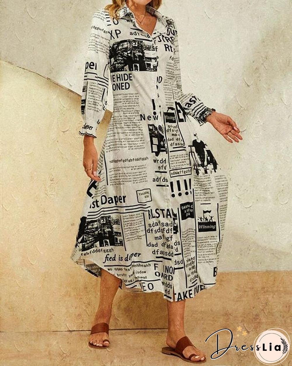 Leaves Print Lapel Button Long Sleeve Maxi Shirt Dress
