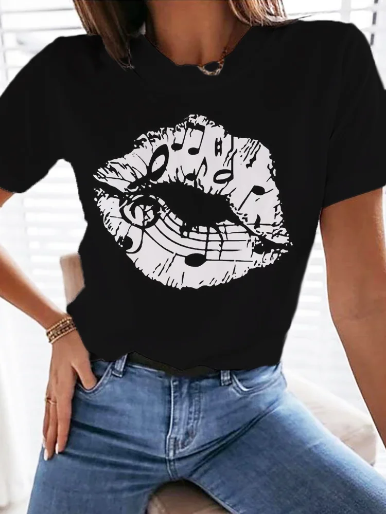 Music Note Lipstick Short Sleeve Casual T Shirt