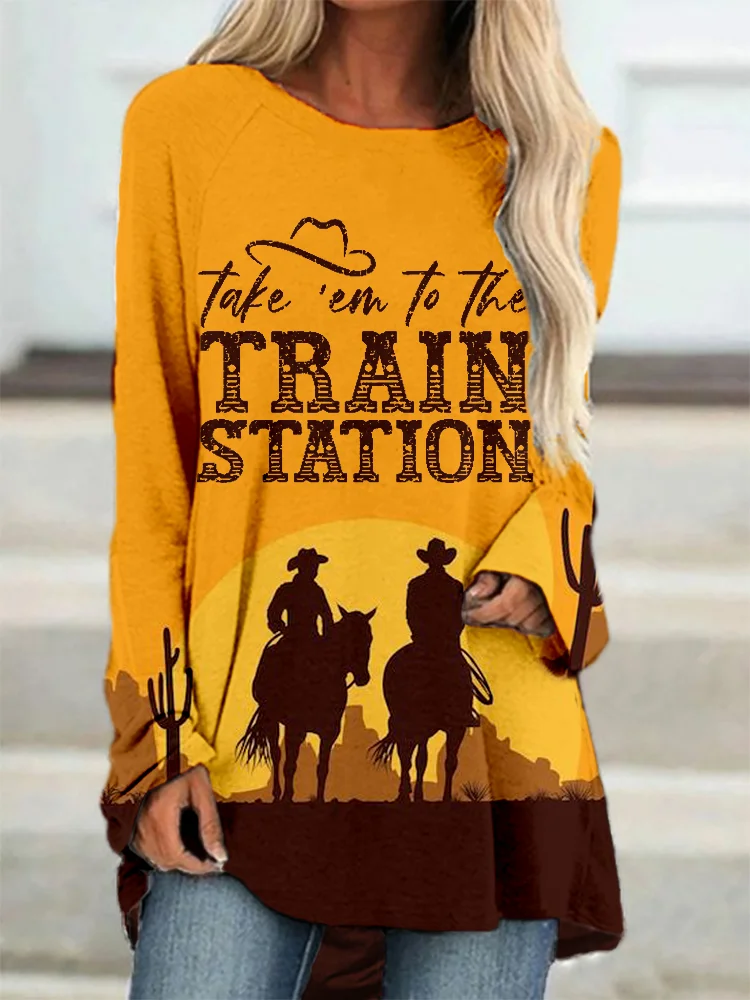 Western Train Station Long Sleeve A Line T Shirt