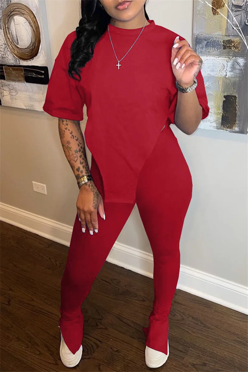 Red Fashion Casual Solid Slit Asymmetrical O Neck Short Sleeve Two Pieces | EGEMISS