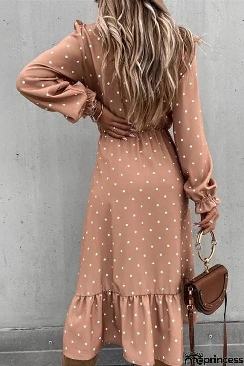 Dot Button Ruffels Slit Maxi Dress