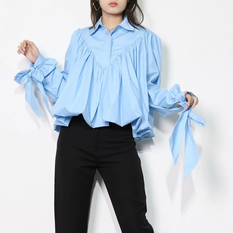 Toloer Loose Frill Trim Shirt For Women Lapel Long Sleeve Casual Lace Up Bow Blouse Female Fashion New Clothing Autumn