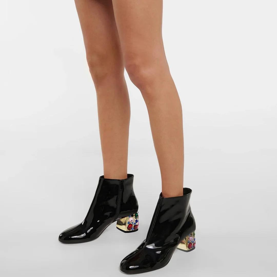 Patent Round Toe Rhinestone Block Heel Zipper Ankle Boots in Black