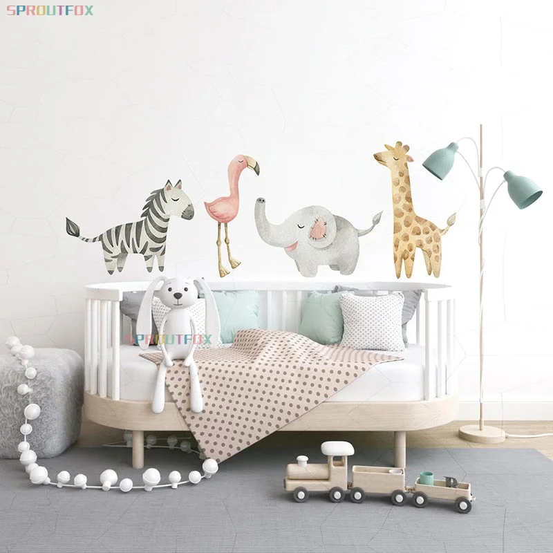 Nordic Cartoon Animals Wall Sticker for Kids Room Nursery Baby Boys Bedroom Wall Decals Zebra Flamingo Elephant Giraffe Stickers