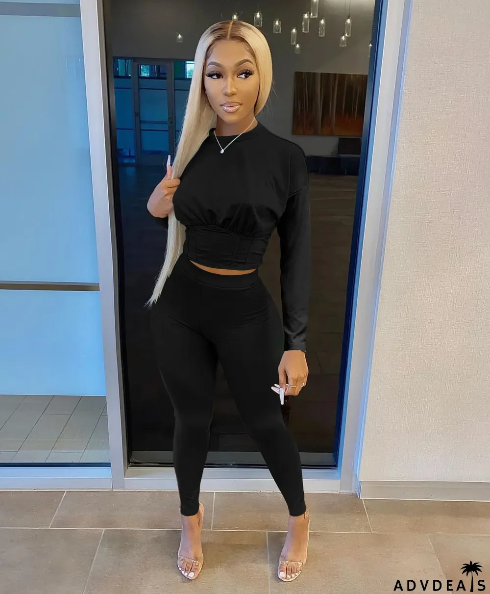 Solid Long Sleeve Two Piece Pants Set