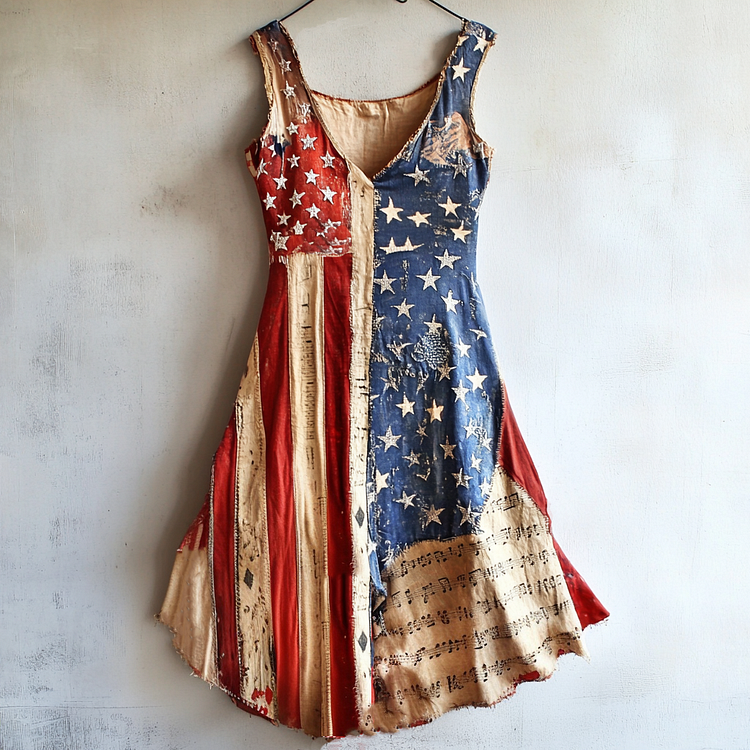 VChics Women's Independence Day Flag And Musical Notes Short Sleeve Dress