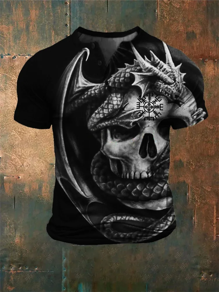 BrosWear Men's Viking Vegvisir Skull & Dragon Art Henley Shirt