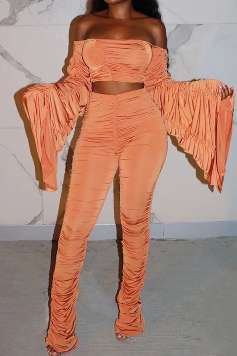 Tangerine Sexy Solid Split Joint Fold Off the Shoulder Long Sleeve Two Pieces
