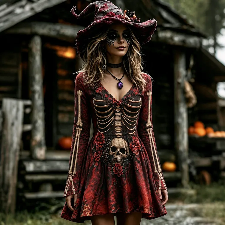Women's Retro Halloween Skull And Floral Pattern Casual V Neck Mini Dress