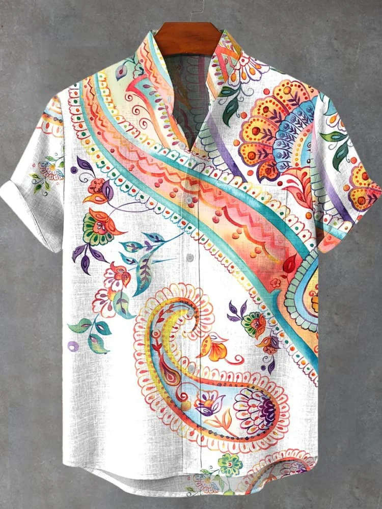 Men's Vintage Ethnic Multicolor Paisley Flower Art Print Linen Blend Shirt