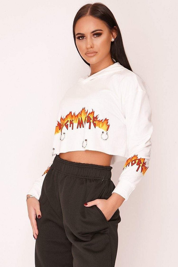 White Flame Print Cropped Hoodie Katch Me