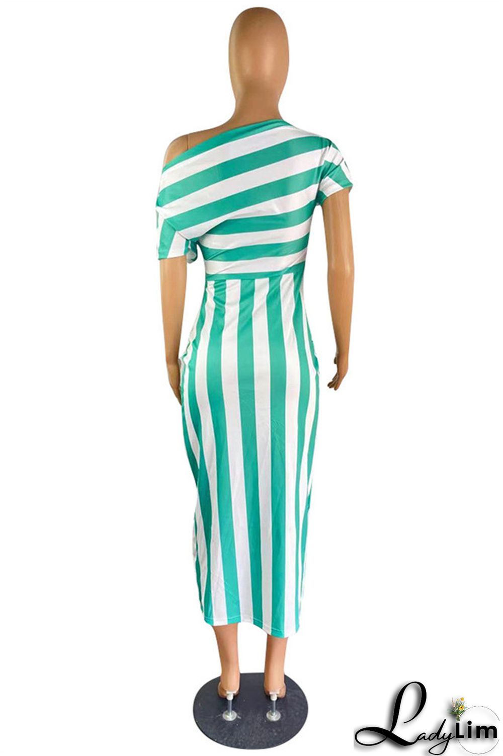 Black Fashion Casual Striped Print Asymmetrical Oblique Collar Short Sleeve Dress