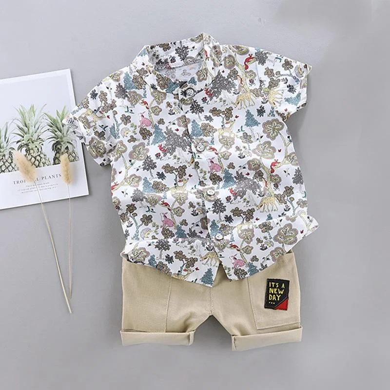 New Arrived Outfits Toddler Boy Clothing Summer Print Set Thin Top Children Short Sleeve Shirt Suit for Baby Kids Forest