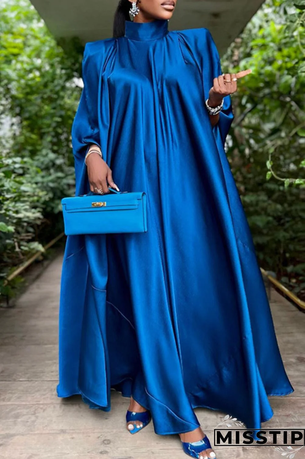Blue Casual Solid Patchwork Turtleneck Straight Dresses