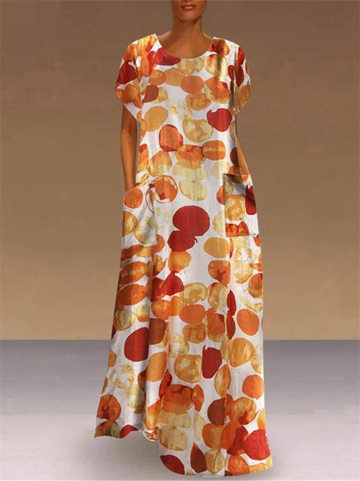Short Sleeved Long Skirt with Large Hem Round Neck Creative Print Dress