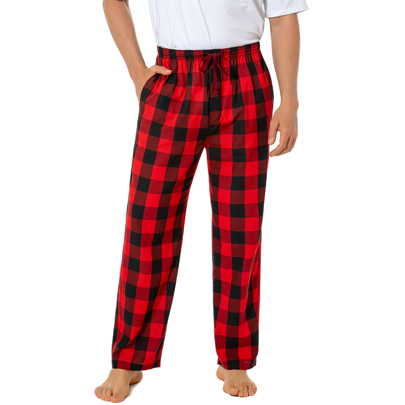 JupiterSecret Mens Pajama Pants 100% Cotton Plaid Sleep & Lounge Pants, PJ Bottoms with Pockets and Button Fly RedPlaid