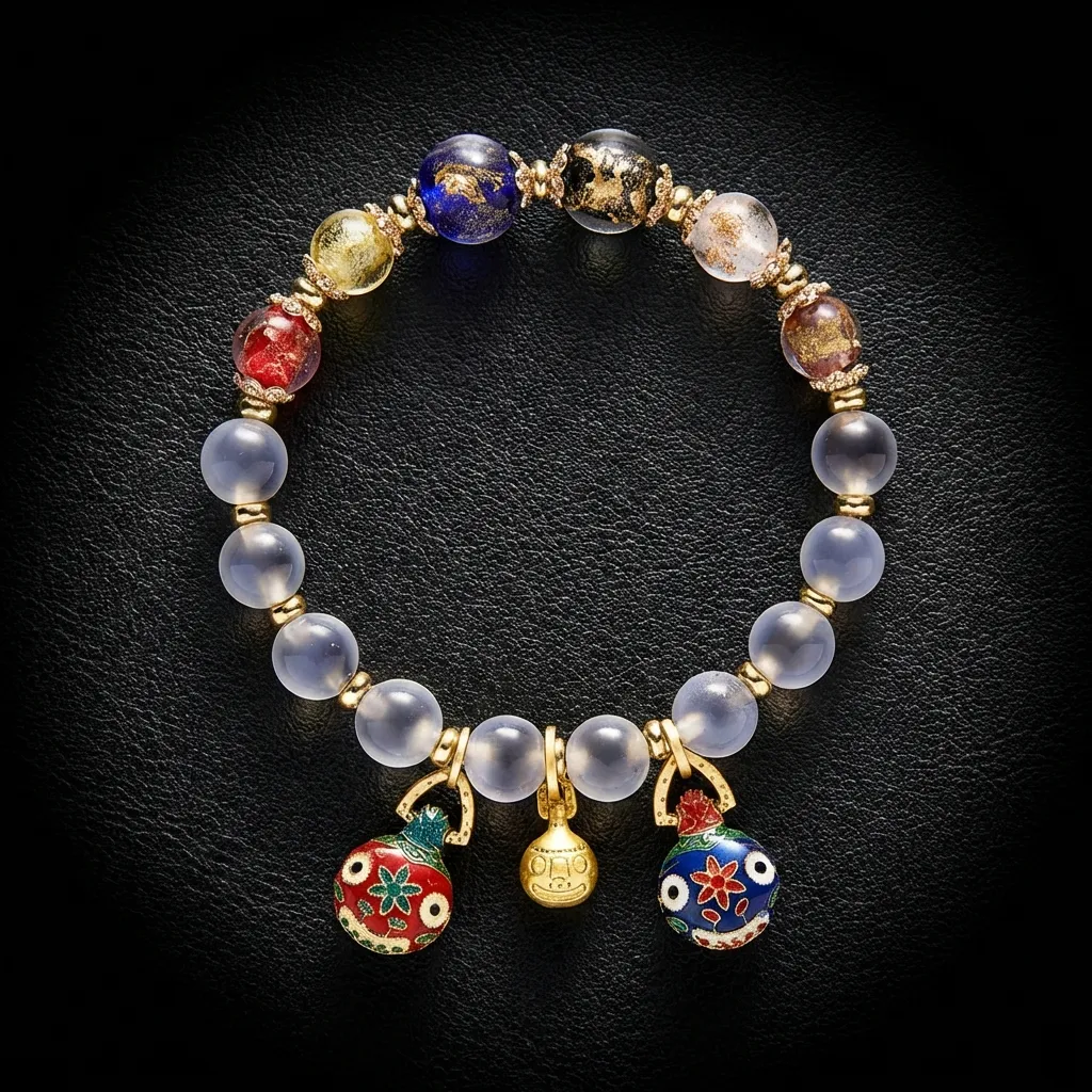 JiStones "Ethereal Serenity" &ndash; Gold Foil Glazed & Sugar Heart Agate Bracelet Celestial White & Gold Foil