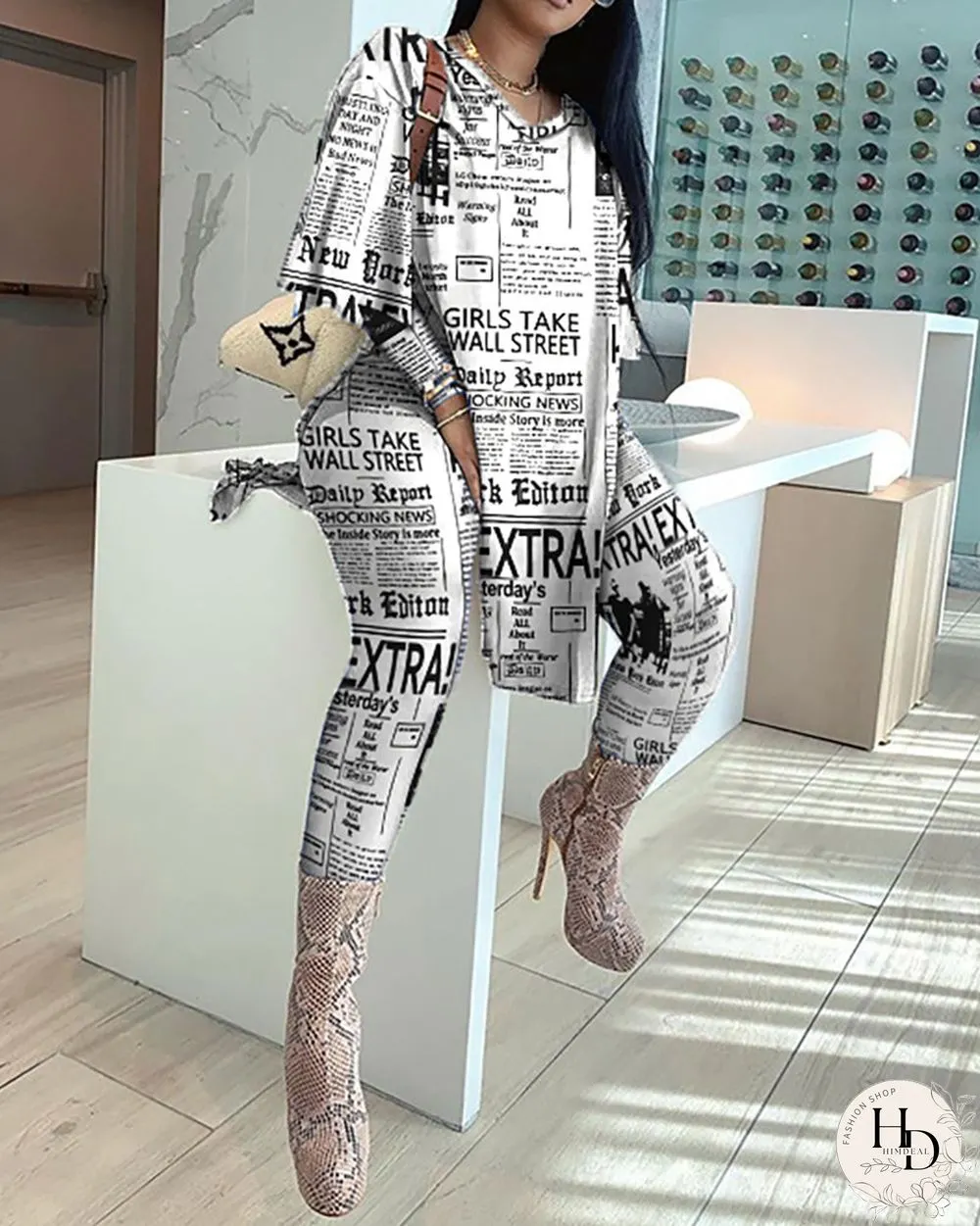 Newspaper Print Side Slit Top & Skinny Pants Set