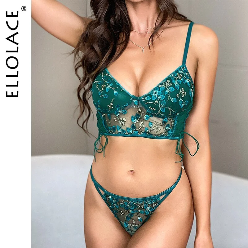 Ellolace Underwear Set Sexy Lingerie Transparent Bra Set Floral Embroidery Erotic Lingerie Lace Lace up Underwear Women Set