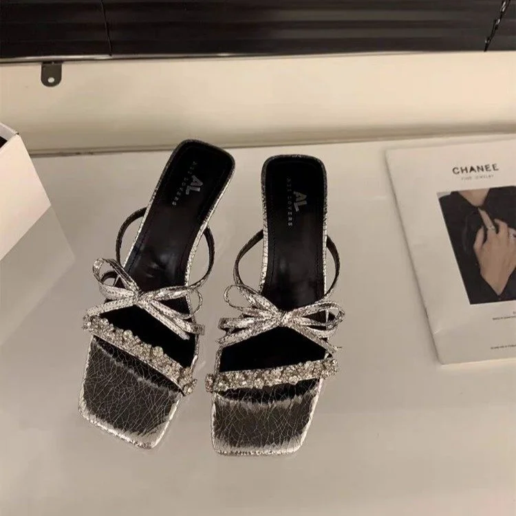 Wongn Wongn Summer New Fashion Rhinestone Bow One Word High Heel Cool Drag Slippers Women's Shoes