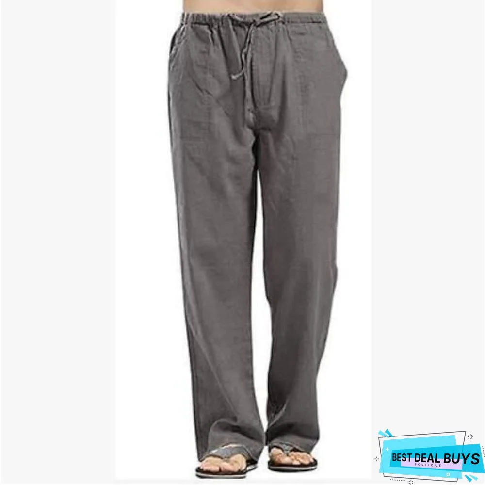 Men's Linen Pants Trousers Summer Pants Beach Pants Wide Leg Plain Breathable Full Length Work Daily Beach Linen / Cotton Blend Fashion Casual Loose Fit Black White