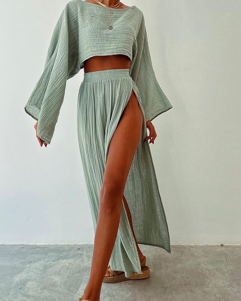 Rotimia Chic slit cotton and linen casual two-piece set
