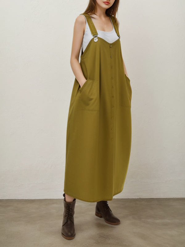 Adjustable Strap Single Button Side Pocket Loose Midi Dress