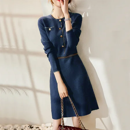 Navyblue Knitted Cotton-Blend Elegant A-Line Dresses QueenFunky