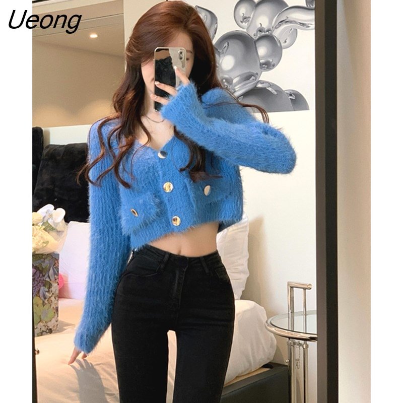 Ueong Winter Fur Knitted Cardigan Women Pure Color Button Long Sleeve Y2k Crop Tops Office Lady Chic Korean Fashion Sweater Coats