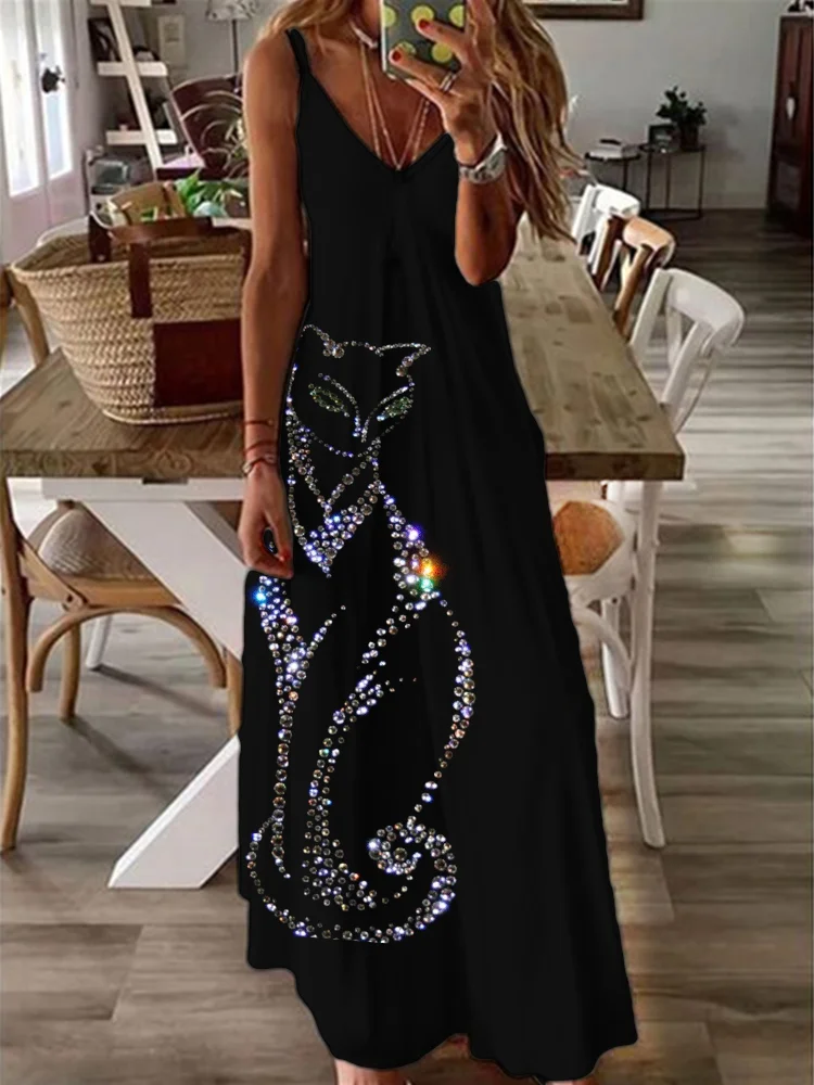 Elegant Cat Glitter Art Cami Maxi Dress