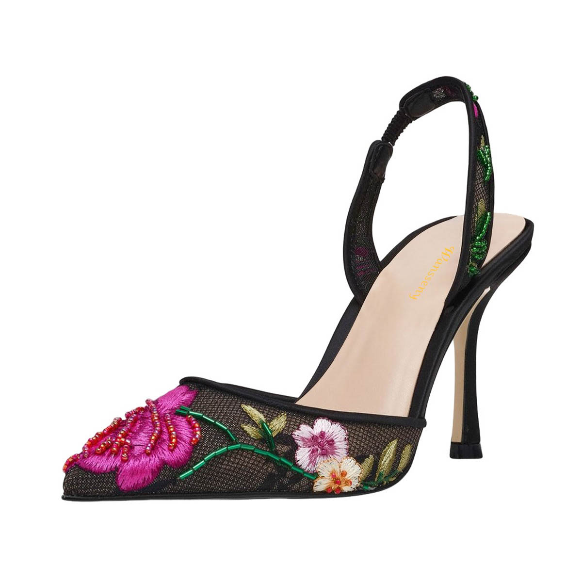 Black Floral Embroidered Stiletto Heel Slingback Shoes with Beaded Nicepairs