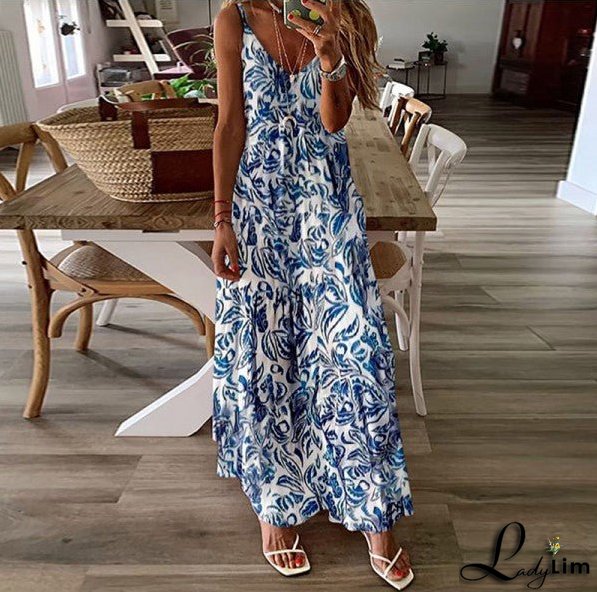 Stylish Women's V-Neck Dress with Positional Print and Loose Straps