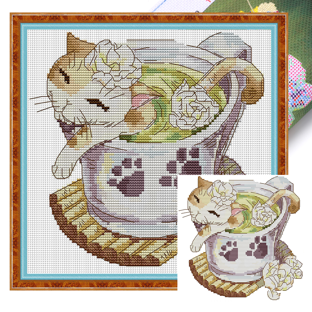 Teacup Cat Partial 14CT Pre-stamped Canvas(22*22cm) Cross Stitch(backstitch)