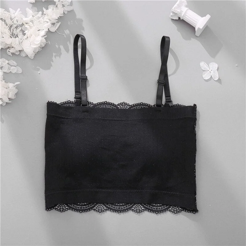 FINETOO Women's Seamless Underwear Cropped Top Halter Backless Lace Padded Camisole Girls Push Up Bralette Sexy Tanks Top Femme