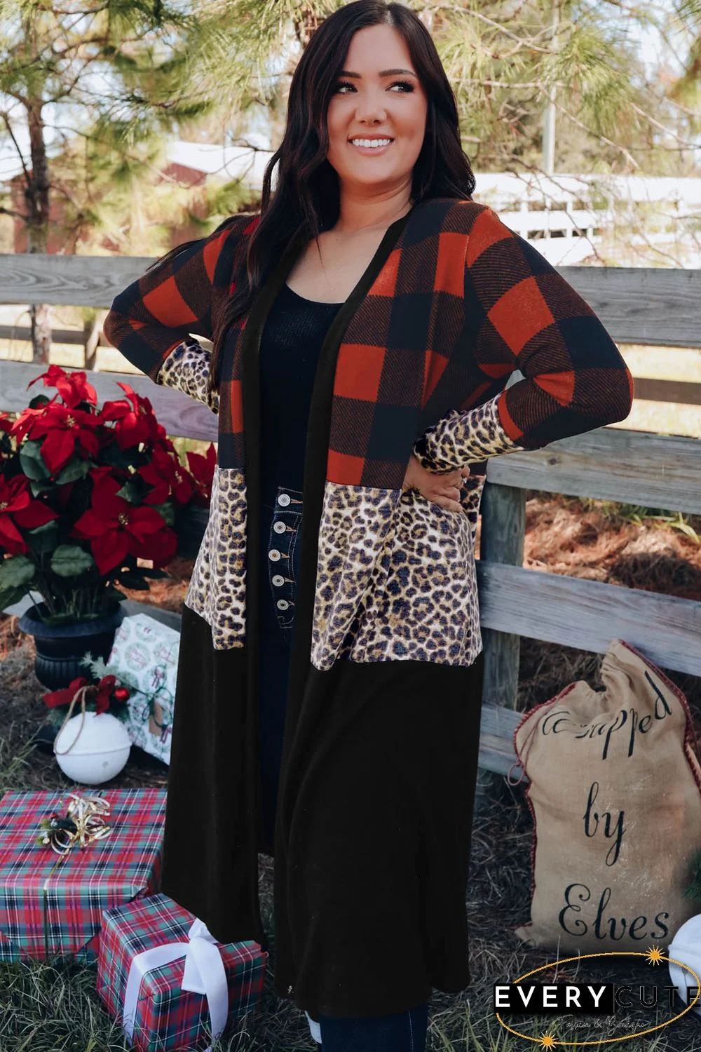 Red Buffalo Plaid Leopard Colorblock Plus Size Duster Cardigan